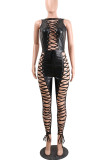 Black Sexy Solid Bandage Hollowed Out Patchwork Frenulum Skinny Jumpsuits