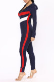 ダークブルー ファッション カジュアル パッチワーク ジッパー カラー スキニー ジャンプスーツ