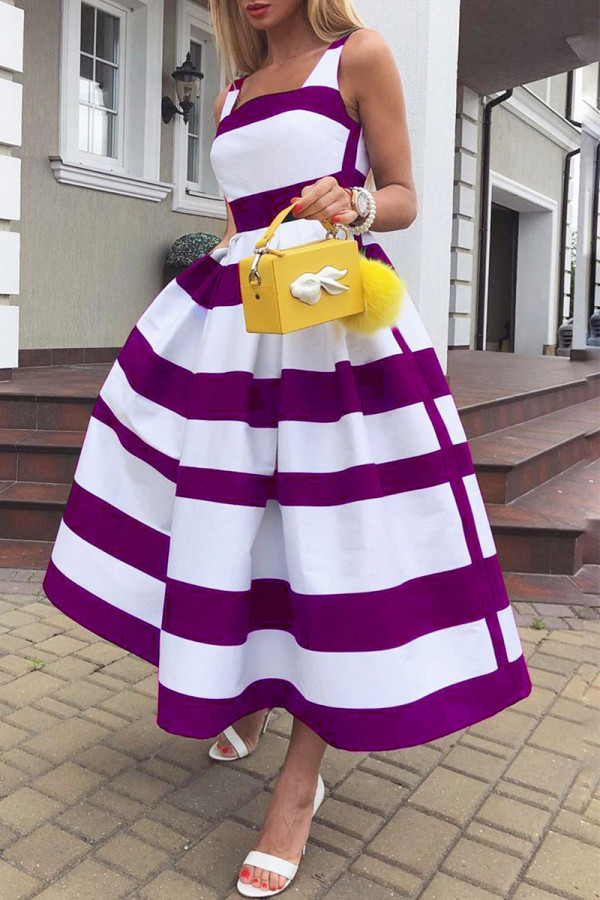 Púrpura Elegante Estampado A Rayas Patchwork U Cuello Una Línea Vestidos