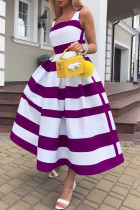 Paarse elegante gestreepte print patchwork U-hals A-lijn jurken