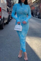 Blå sexigt tryck patchwork klänningar med turtleneck pennkjol