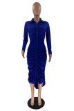 Blauwe mode casual effen vouw kraag met lange mouwen jurken