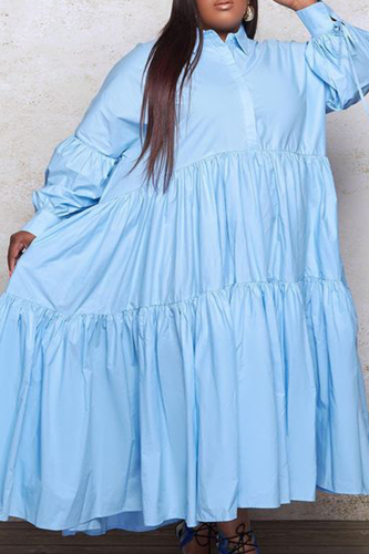 Hellblaues, lässiges, einfarbiges Patchwork-Umlegekragen-Kuchenrock-Kleid in Übergröße (ohne Gürtel)