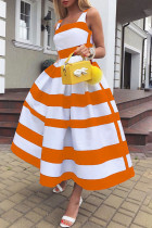 Tangerine elegante gestreepte print patchwork U-hals A-lijn jurken
