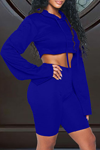 Blue Casual Solid Patchwork Hooded Collar Long Sleeve Two Pieces