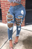 Dark Blue Street Print Leopard Patchwork Plus Size Jeans