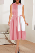 ピンク カジュアル ソリッド パッチワーク ターンダウン カラー ケーキ スカート ドレス