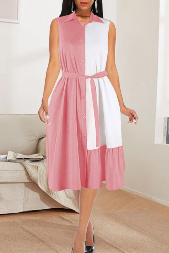 Pink Casual Solid Patchwork Turndown Collar Cake Skirt Dresses
