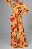 Yellow Sexy Casual Print Patchwork O Neck Loose Jumpsuits