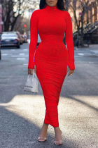Vestidos de falda de lápiz de cuello alto de patchwork con estampado sexy rojo