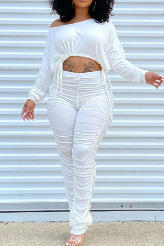 White Casual Solid Patchwork Frenulum Fold O Neck Long Sleeve Two Pieces