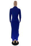 Blauwe mode casual effen vouw kraag met lange mouwen jurken