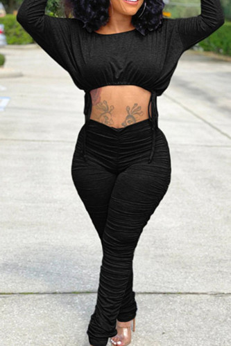 Black Casual Solid Patchwork Frenulum Fold O Neck Long Sleeve Two Pieces