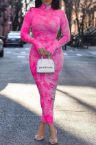 ピンク セクシー プリント パッチワーク タートルネック ペンシル スカート ドレス