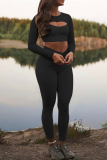 Black Sportswear Solid Hollowed Out O Neck Long Sleeve Two Pieces