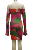 Rose Red Sexy Print Patchwork Strapless Pencil Skirt Dresses