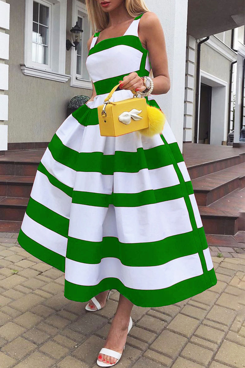 

Green Elegant Striped Print Patchwork U Neck A Line Dresses