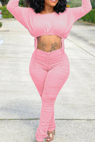 Pink Casual Solid Patchwork Frenulum Fold O Neck Long Sleeve Two Pieces