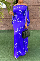 Diepblauwe casual print patchwork strapless rechte jurken