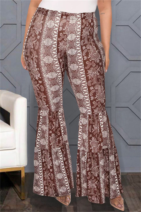 Coffee Fashion Casual Print Basic Plus Size Hose mit hoher Taille