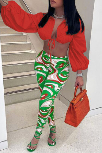 Orange Sexy Casual Print Bandage Turndown Collar Long Sleeve Two Pieces