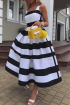 Черно-белые элегантные полосатые платья в стиле пэчворк с U-образным вырезом