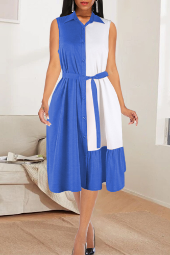 Sky Blue Casual Solid Patchwork Turndown Collar Cake Skirt Dresses