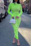Fluorescerande gröna sexiga tryck patchwork klänningar med turtleneck pennkjol