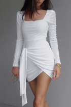 White Celebrities Solid Bandage Split Joint Asymmetrical U Neck Pencil Skirt Dresses