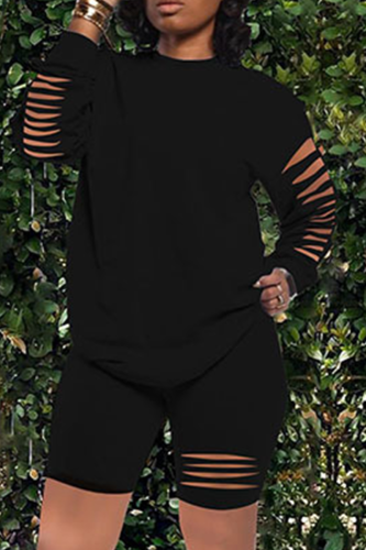 Black Sexy Solid Patchwork O Neck Long Sleeve Two Pieces
