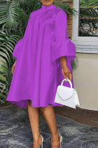 Фиолетовые повседневные однотонные платья с оборками и юбкой-торт с круглым вырезом
