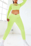 Fluorescent Green Sportswear Solid Hollowed Out O Neck Long Sleeve Two Pieces