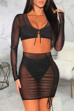 Black Sexy Solid Patchwork Draw String Fold U Neck Long Sleeve Two Pieces