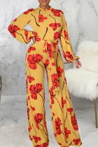 Gele sexy casual print patchwork losse jumpsuits met o-hals