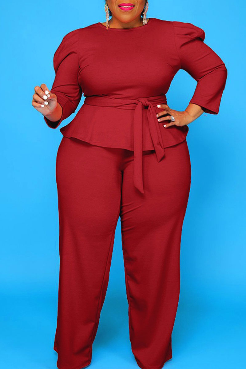 

Burgundy Casual Solid Bandage Split Joint O Neck Plus Size Two Pieces
