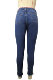 Blaue Patchwork-Jeans mit Street-Print und Leopardenmuster in Übergröße