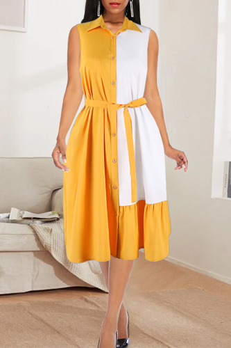 Yellow Casual Solid Patchwork Turndown Collar Cake Skirt Dresses