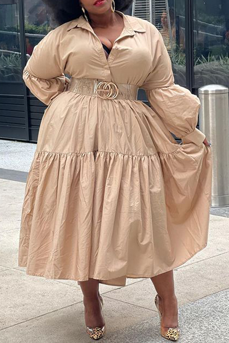 

Khaki Casual Solid Split Joint Turndown Collar Cake Skirt Plus Size Dresses (Without Belt)