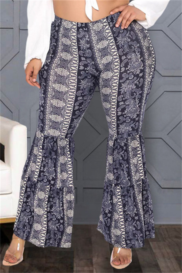 Diepblauwe modieuze casual print Basic broek met hoge taille en grote maten