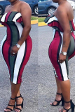 Red Sexy Striped Patchwork Strapless Pencil Skirt Dresses