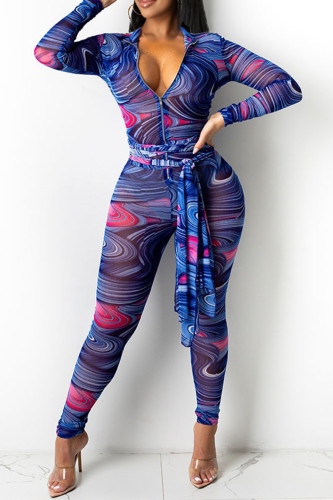 Blue Fashion Sexy Print See-through Zipper Collar Regular Jumpsuits