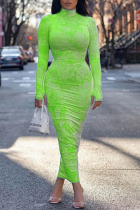 蛍光グリーンのセクシーなプリント パッチワーク タートルネック ペンシル スカート ドレス