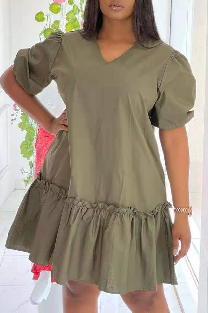 

Army Green Casual Solid Split Joint V Neck Cake Skirt Dresses