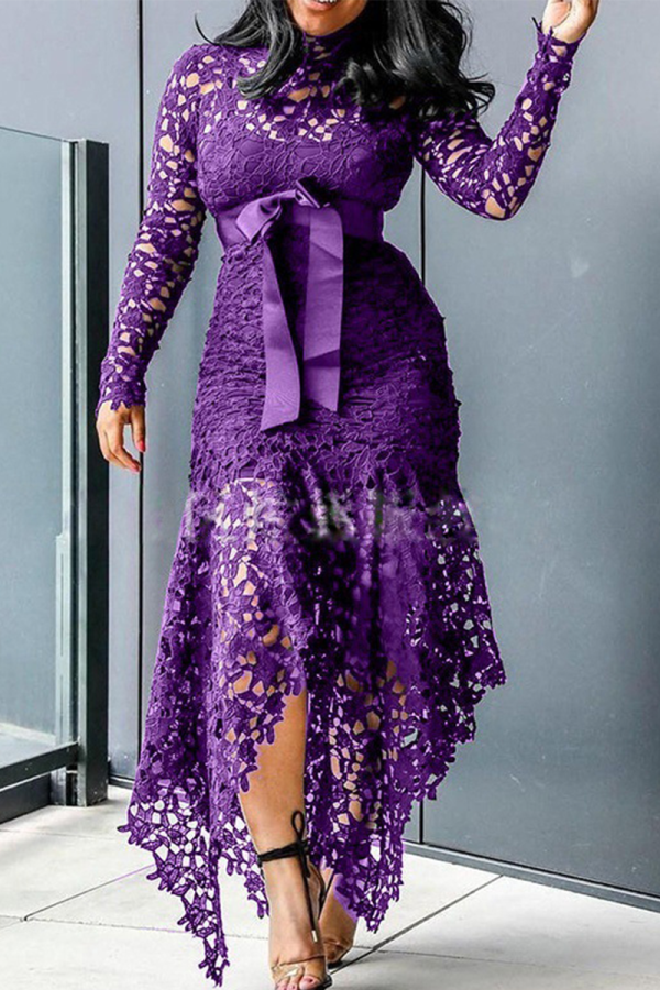 Фиолетовые сексуальные однотонные кружевные платья с круглым вырезом и нерегулярным платьем