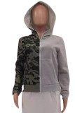 Gray Green Fashion Casual Camouflage Print Patchwork Hooded Collar Outerwear