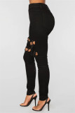 Vaqueros pitillo de cintura alta con vendaje rasgado sólido casual de moda negro