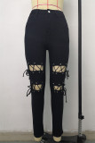 Zwarte mode casual effen gescheurde bandage skinny jeans met hoge taille