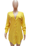 Gelbes, lässiges, einfarbiges Hemdkleid mit Patchwork-Schnalle und V-Ausschnitt