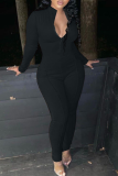 黒のセクシーなソリッドパッチワークジッパーカラースキニージャンプスーツ