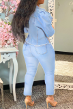 Veste en jean skinny décontractée à col rabattu et manches longues bleu bébé